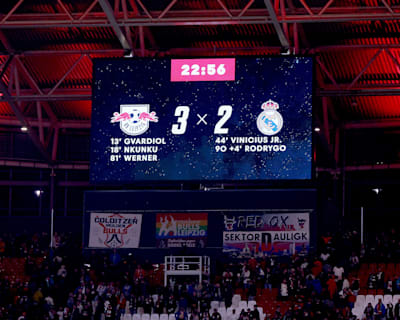 The Red Bull Arena scoreboard showing how RB Leipzig beat Real Madrid 3-2 in Group F of the 2022/23 UEFA Champions League. 