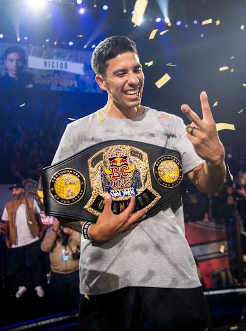 Victor celebrates after taking the win at the Red Bull BC One World Final on November 12, 2022.