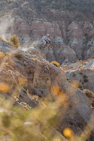 Gee Atherton pictured testing the step-down section of his Red Bull Rampage 2023 line.