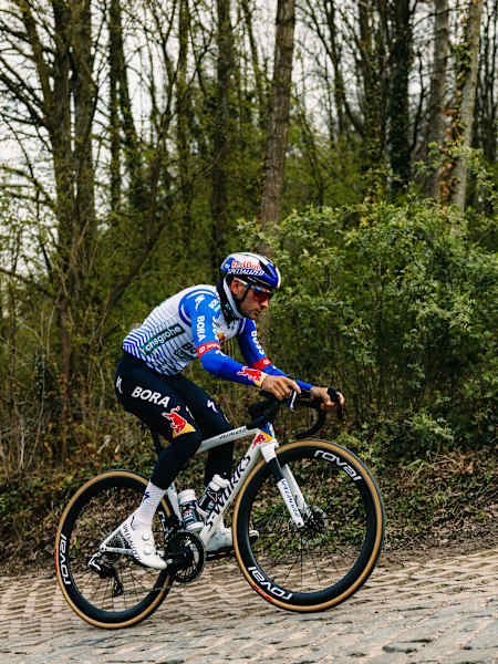 Red Bull – BORA – hansgrohe's Gianni Vermeersch powers through cobblestone roads during a 2026 recon ride ahead of the 110th Ronde van Vlaanderen in Flanders, Belgium