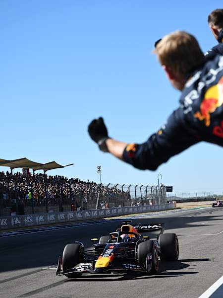 Race winner Max Verstappen of the Netherlands crosses the finish line during the F1 Grand Prix of United States at Circuit of The Americas on October 19, 2025.