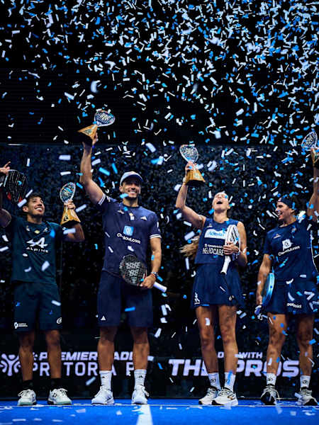 Federico Chingotto, Alejandro Galán, Gemma Triay and Delfina Brea pose with their winner trophies after the Premier Padel P1 Pretoria in South Africa in August 2026.