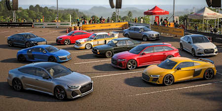 A gathering of cars in a car park from Forza Horizon 6.
