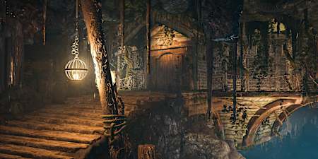 Dramatic lighting at the Witch's Cave in God of War's Midgard