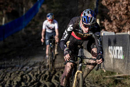 Wout van Aert and Tom Pidcock racing the Grand Prix Sven Nys on New Years Day 2022 in Baal, Belgium on January 1, 2022.