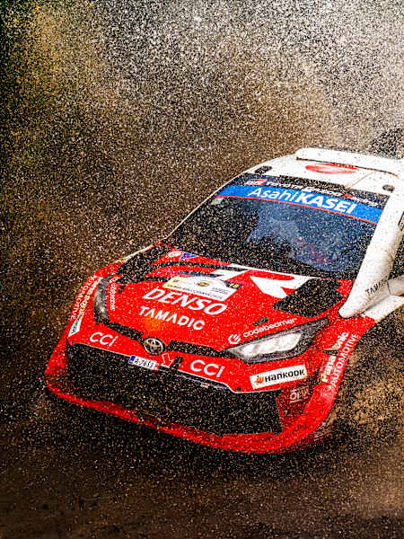 Takamoto Katsuta of Toyota Gazoo tackles sprays water as he speeds through muddy terrain during Safari Rally Kenya in Naivasha, Kenya in March 2026