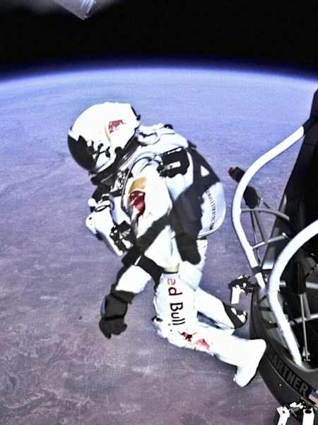 An image of Felix Baumgartner stepping off the capsule during Red Bull Stratos.