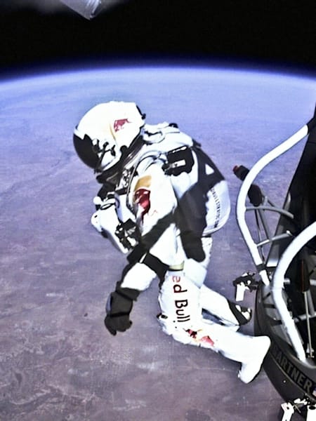 An image of Felix Baumgartner stepping off the capsule during Red Bull Stratos.