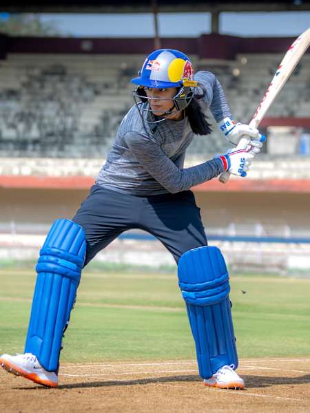 Indian women's cricket team opening batter Smriti Mandhana plays a shot.