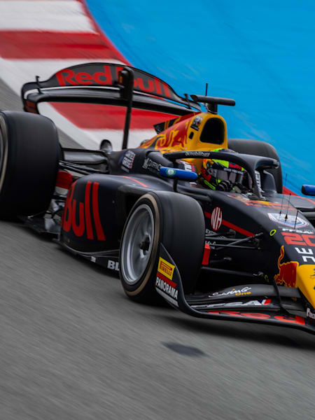 Isack Hadjar racing F2 in Barcelona 2024