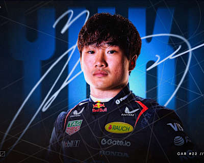 Yuki Tsunoda on a dark background, with his signature behind him, announcing his move into the ORBR - Oracle Red Bull Racing – seat for 2025