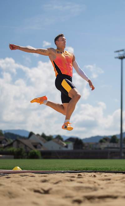 Simon Ehammer in long jump training in Teufen, Switzerland on July 9, 2024.