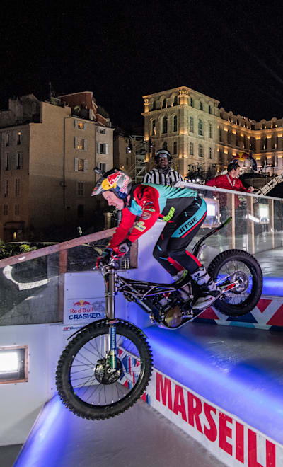 Trial athlete Dougie Lampkin of Great Britain performs at the seventh stage of the ATSX Ice Cross Downhill World Championship at Red Bull Crashed Ice in Marseille, France on February 16, 2018.
