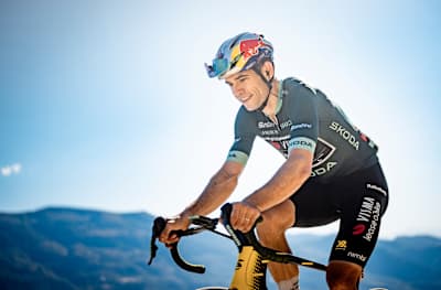 On 12 September 2026, green-jersey points leader Wout Van Aert of Visma Lease a Bike tackles the stage 20 finish climb from La Calahorra to Collado del Alguacil in Spain.