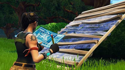 Screenshot from Fortnite shows a woman building a ramp