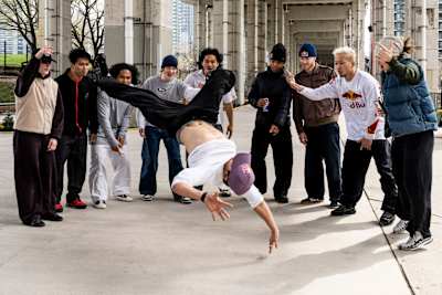 Phil Wizard, Hong10, Menno, Emma, Lee and dancers in the streets in Toronto, Canada during the shoot for the Red Bull BC One World Final Toronto 2026 video teaser on November 10, 2025.   