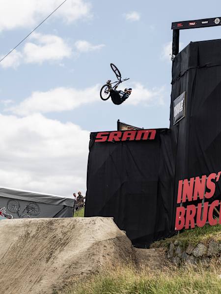 Dawid Godziek performs at Crankworx Slopestyle in Innsbruck, Austria on June 23, 2023.