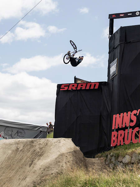 Dawid Godziek performs at Crankworx Slopestyle in Innsbruck, Austria on June 23, 2023.