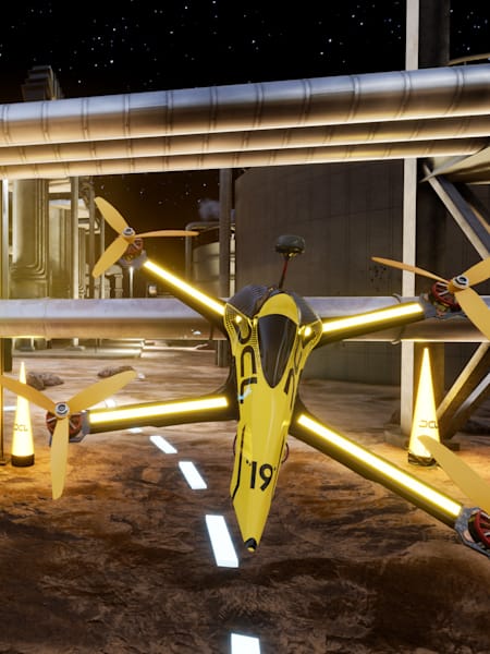 A screenshot of drones racing in DCL – The Game.