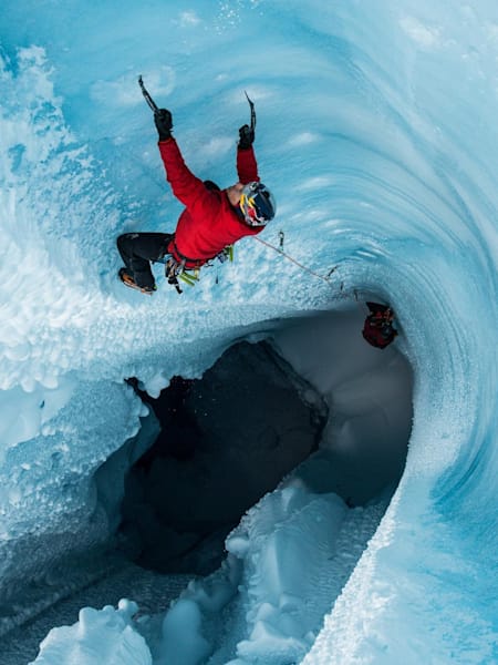 A picture of Will Gadd climbing inside the Greenland ice sheet