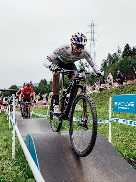 Henrique Avancini racing during the XCC race at the UCI XCO World Cup at Val di Sole, Italy,  on August 2, 2019.