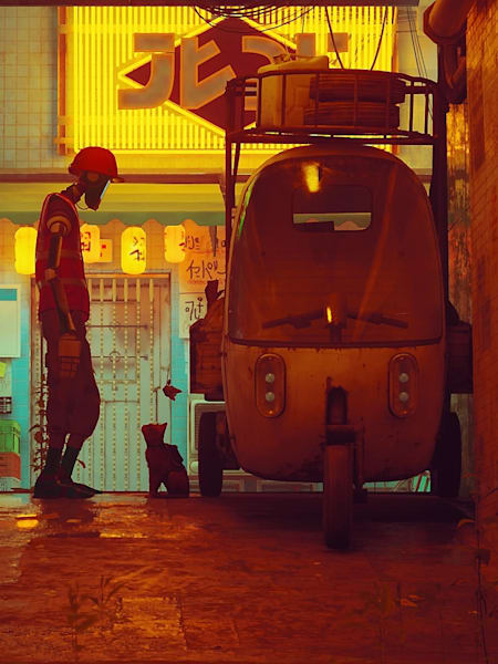 Screenshot aus Stray zeigt die Katze in einer dunklen Gasse mit einem Roboter.