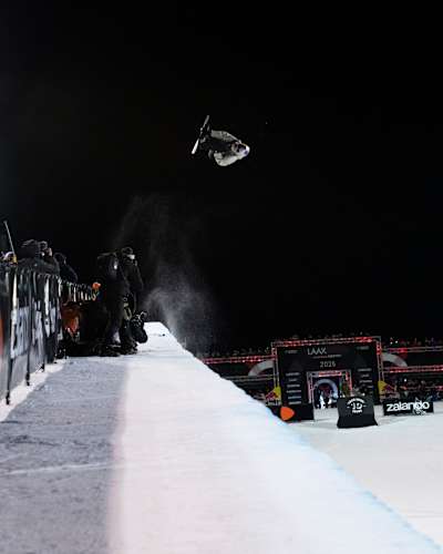 On January 18, 2025, Maddie Mastro launches high above the halfpipe at the Laax Open in Laax, Switzerland.