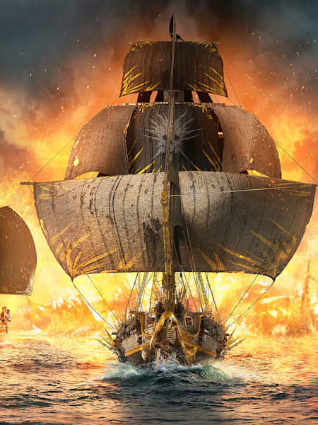 Artwork aus Skull and Bones zeigt drei Piratenschiffe auf dem Meer.