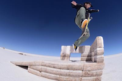 Luciano Cristobal channels Ray Barbee with this straight no-comply up and over the salt obstacle in Salar de Uyuni, Bolivia during the White Desert sessions