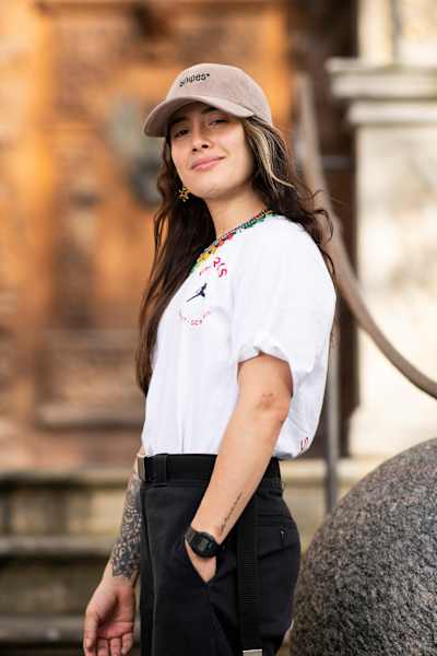 B-Girl Luma from Colombia poses for a portrait in the streets of Gdansk, Poland during the week of the Red Bull Bc One World Final on November 3, 2021 