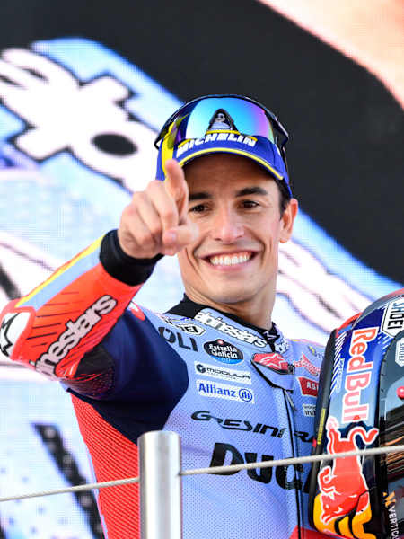 Marc Márquez celebrating during the MotoGP Race in Barcelona, Spain on November 17, 2024.