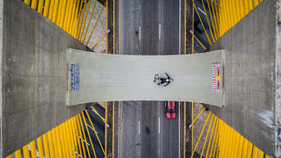 Skateboarder Sandro Dias performs at Estaiadinha Bridge in Sao Paulo, Brazil on November 19, 2019.