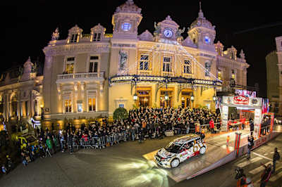 Sébastien Loeb drives out of the start gate during the FIA World Rally Championship 2015 in Monte Carlo, Monaco on January 22, 2015.