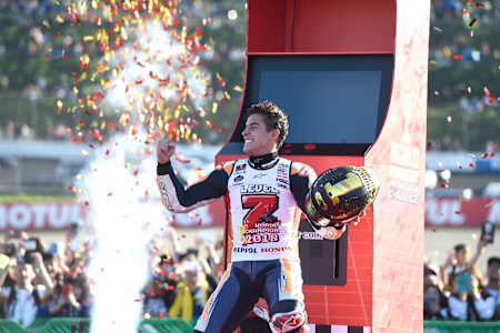 Marc Márquez celebrates winning his seventh world title, the fifth in MotoGP, at the MotoGP of Japan at Twin Ring Motegi on Sunday, October 21 2018.