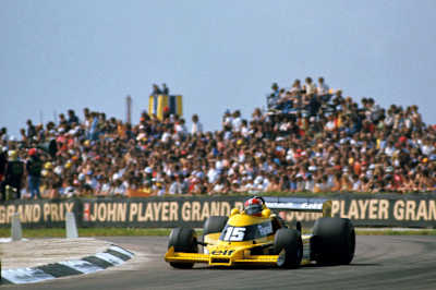 Jean-Pierre Jabouille drives the Renault RS01 at Silverstone in 1977.