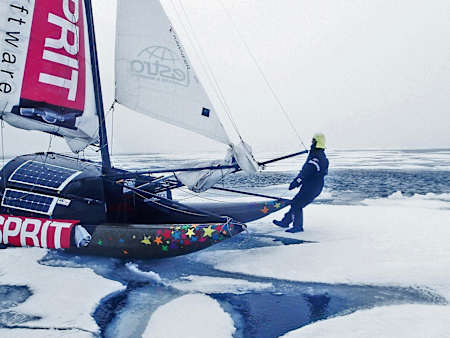 The arctic exploring catarmaran Babouchka on the ice near the North Pole
