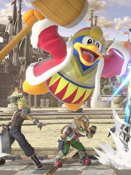 Des personnages du jeu vidéo Super Smash. Bros Ultimate sur Nintendo Switch présenté à l'E3 2018.