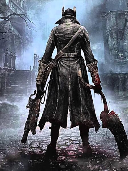 A screenshot from Bloodborne showing a heavily armed character walking down a dark and misty allyway.