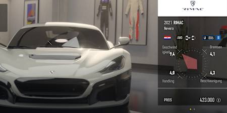 Captura de pantalla de Forza Motorsport que muestra el Rimac Nevera en el garaje. 