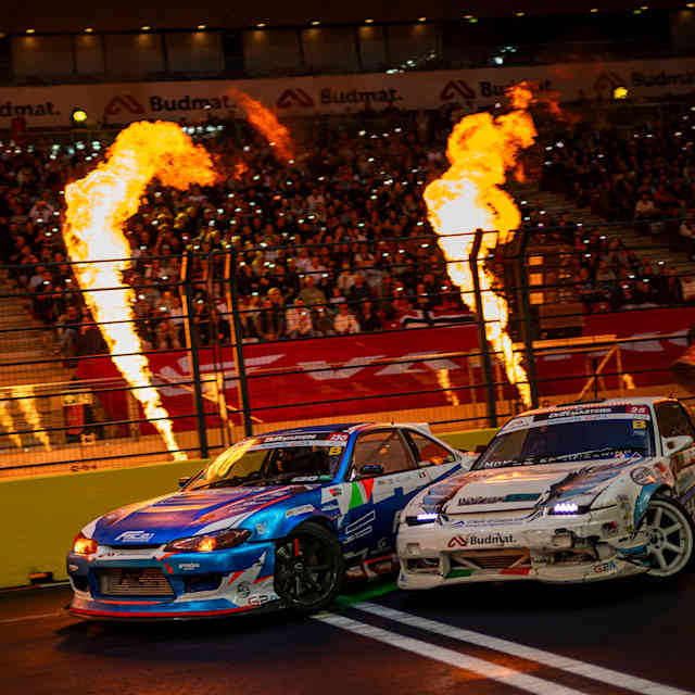 Duane McKeever of Northern Ireland and James Deane of Ireland seen during the sixth stop of the Drift Masters European Championship in Warsaw, Poland on September 14, 2024.