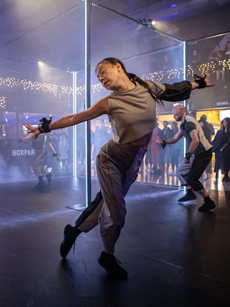 A photo of ballet dancers performing during the grime ballet, London Sketchbook.