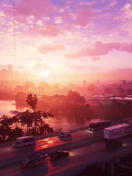 Captura de pantalla del tráiler de GTA 6 muestra Vice City en un atardecer de color púrpura. 