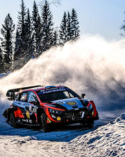Finnish rally driver and co-driver Esapekka Lapi and Janne Ferm are seen competing during FIA World Rally Championship Sweden 2023.