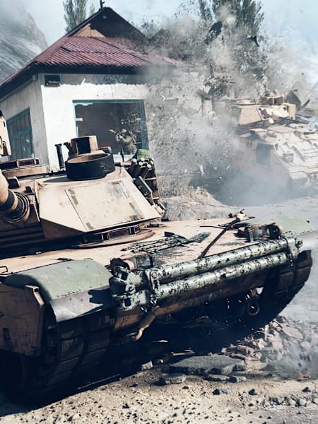 Un char d’assaut avance au milieu des explosions dans le jeu Battlefield 6.