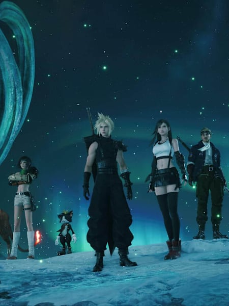 Cloud, Tifa, Barret et leurs compagnons réunis dans un décor enneigé de Final Fantasy VII Revelations.