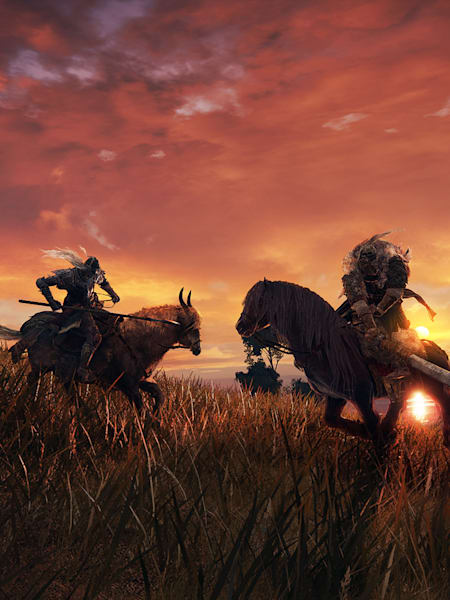 Des personnages chevauchent leur destrier dans l'Entre-terre du jeu vidéo Elden Ring.