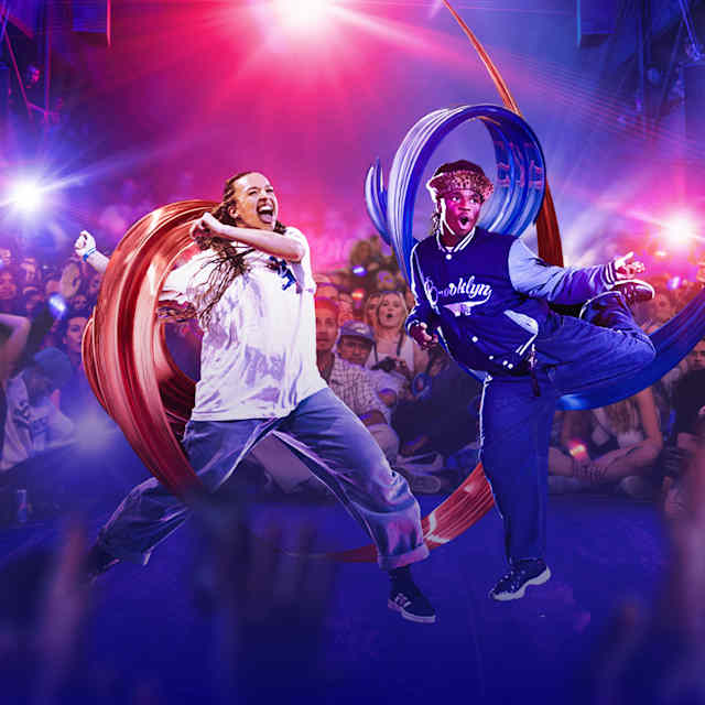 An enhanced image of two dancers performing for a crowd at Red Bull Dance Your Style.