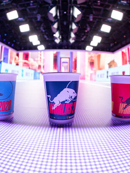 An image of Red Bull cups in the Red Bull Worlds Simplified League of Legends studio in Shanghai, China.