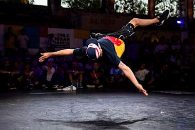 B-Boy Lil G from Venezuela competes at the World Urban Games in the breaking category in Budapest, Hungary on September 13, 2019.