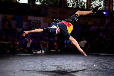 B-Boy Lil G from Venezuela competes at the World Urban Games in the breaking category in Budapest, Hungary on September 13, 2019.